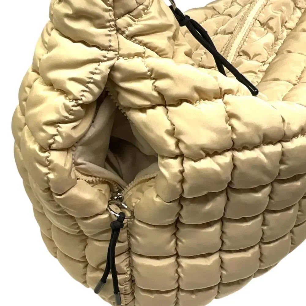 Free People FP Movement Quilted Carryall Hobo Bag Womens Large Beige Pockets
